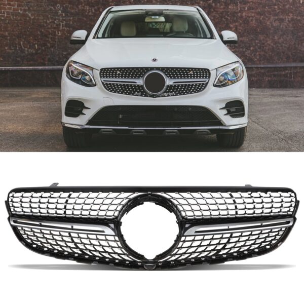 Gloss Black Diamond Style Grille For Mercedes GLC X253 C253 15-19 - Image 2